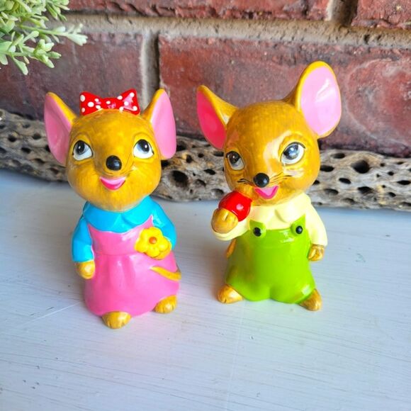 Mid Century Mouse Couple Figurine Set - Pink and Green - Picture 1 of 12